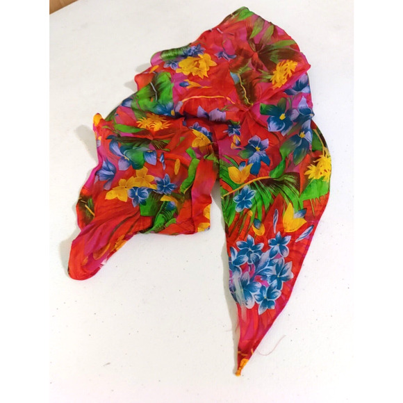 Scarf Rectangle Narrow Thin 66" X 6" Red Yellow Blue Hawaiian Floral - Picture 1 of 8